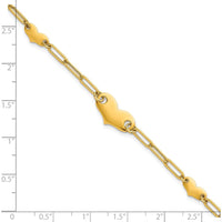 14K Yellow Gold Polished Paperclip Link Bracelet with Three Heart Charms - 7.5" Length by 0