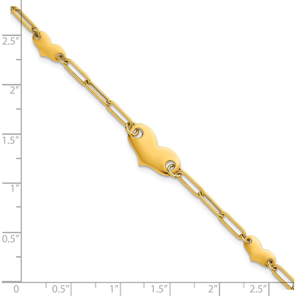 14K Yellow Gold Polished Paperclip Link Bracelet with Three Heart Charms - 7.5" Length by 0