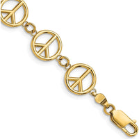 14K Yellow Gold Polished Peace Sign Station Bracelet - 7.5" Length by Oro Pregiato
