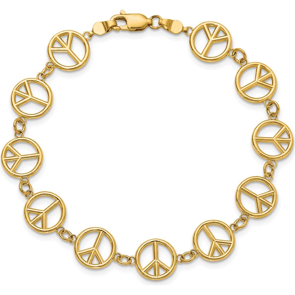 14K Yellow Gold Polished Peace Sign Station Bracelet - 7.5" Length by Oro Pregiato