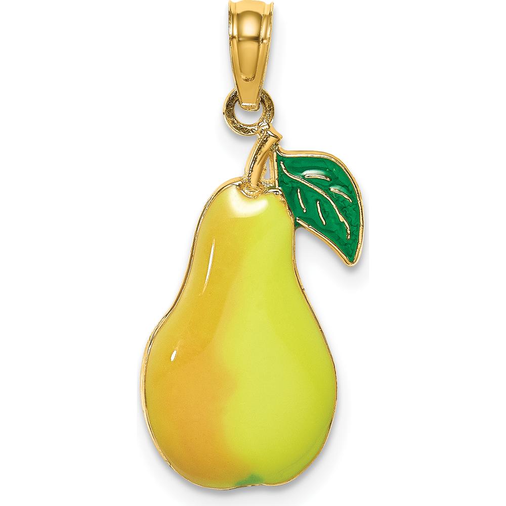 14K Yellow Gold Polished Pear with Stem and Leaf Enamel Charm - 18.5mm Length by Oro Pregiato