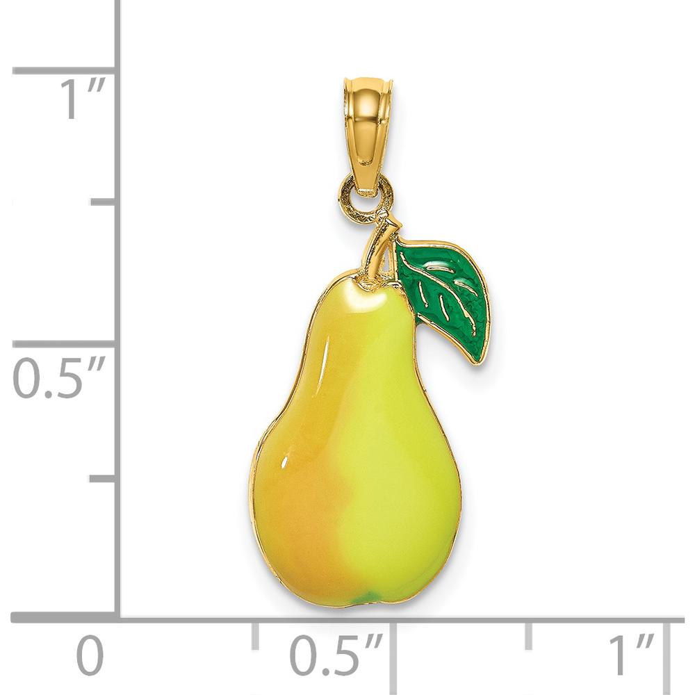 14K Yellow Gold Polished Pear with Stem and Leaf Enamel Charm - 18.5mm Length by Oro Pregiato