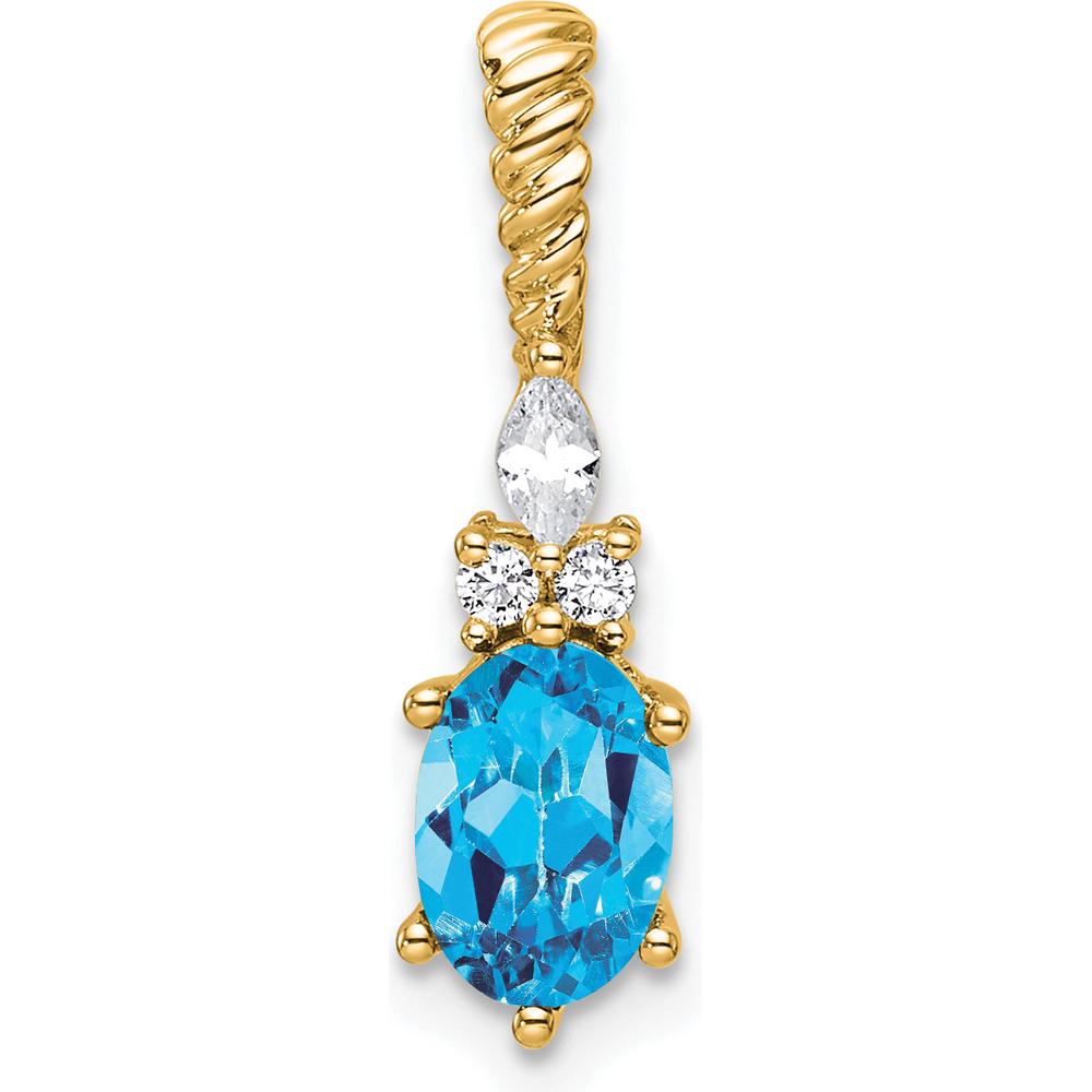 14K Yellow Gold Polished Pendant with Oval Blue Topaz and Round & Marquise Diamonds - 0.12 Carat Total Diamond Weight by Oro Pregiato
