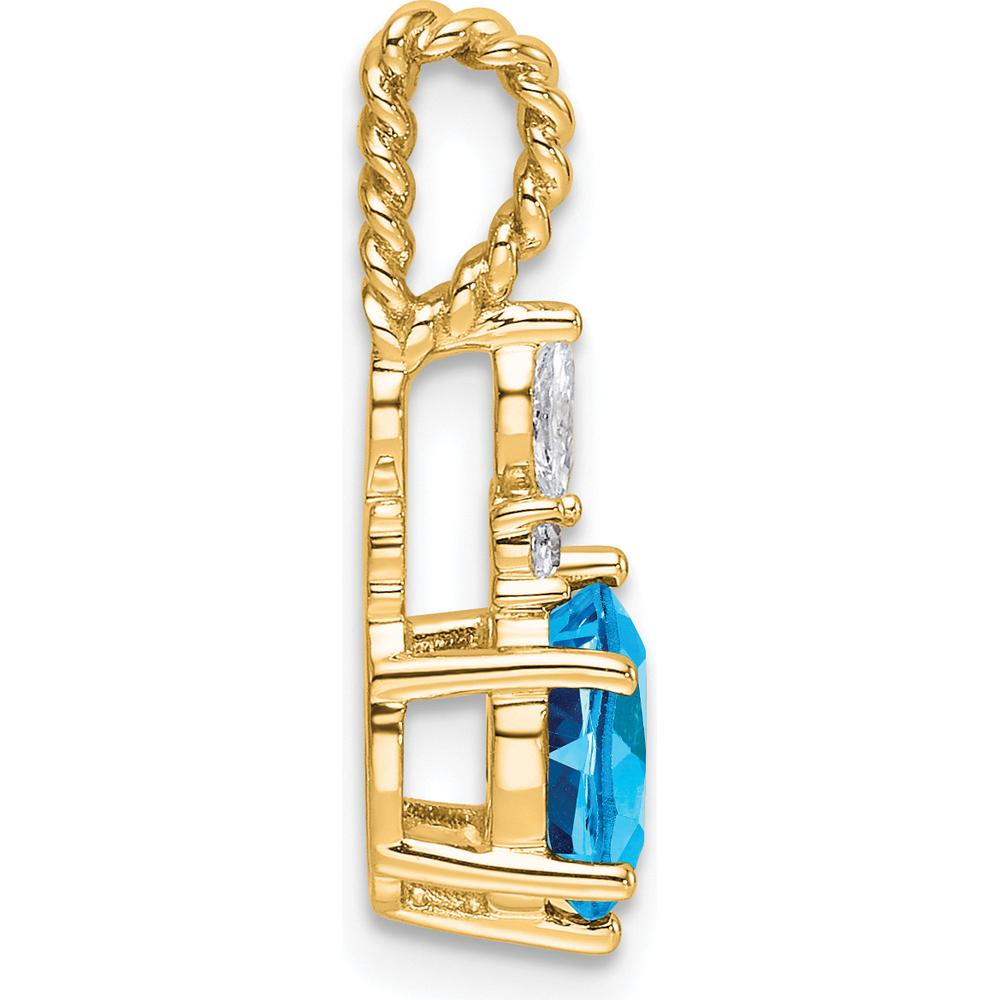 14K Yellow Gold Polished Pendant with Oval Blue Topaz and Round & Marquise Diamonds - 0.12 Carat Total Diamond Weight by Oro Pregiato