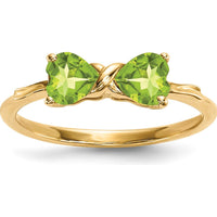 14K Yellow Gold Polished Peridot Bow Ring - 2 Heart-Shaped Peridots - 10mm Length by Oro Pregiato
