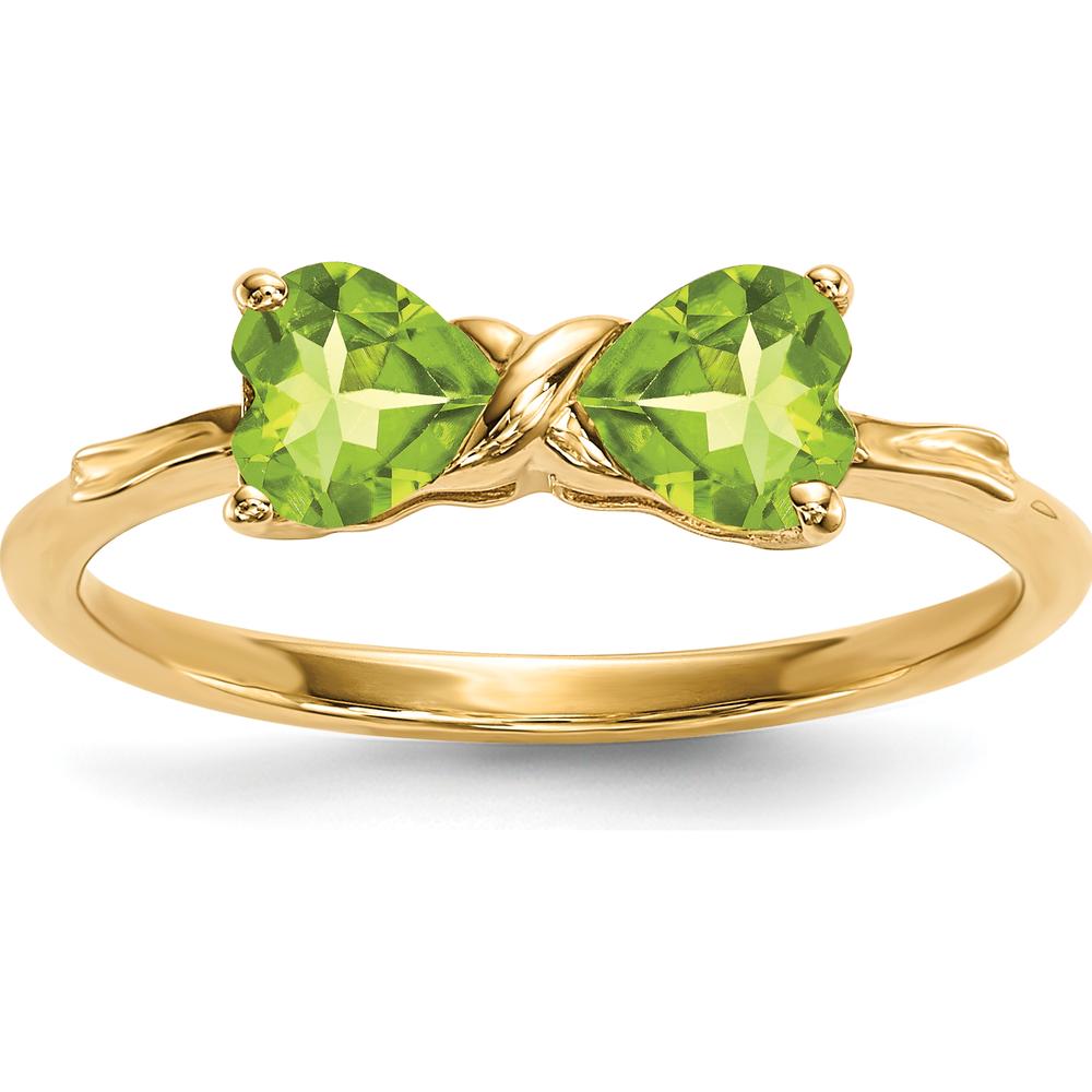 14K Yellow Gold Polished Peridot Bow Ring - 2 Heart-Shaped Peridots - 10mm Length by Oro Pregiato