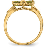 14K Yellow Gold Polished Peridot Bow Ring - 2 Heart-Shaped Peridots - 10mm Length by Oro Pregiato