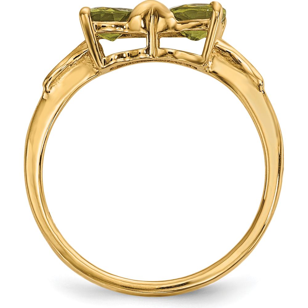 14K Yellow Gold Polished Peridot Bow Ring - 2 Heart-Shaped Peridots - 10mm Length by Oro Pregiato