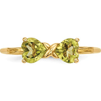 14K Yellow Gold Polished Peridot Bow Ring - 2 Heart-Shaped Peridots - 10mm Length by Oro Pregiato