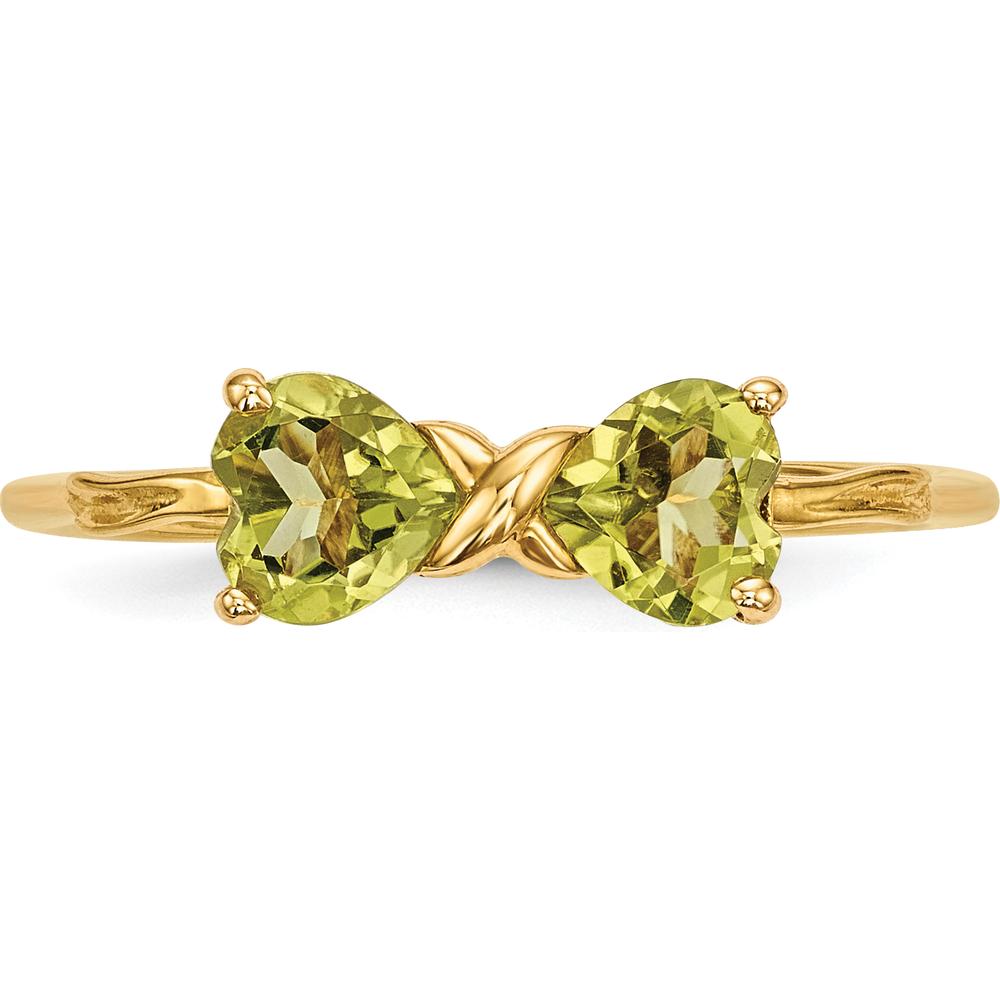 14K Yellow Gold Polished Peridot Bow Ring - 2 Heart-Shaped Peridots - 10mm Length by Oro Pregiato
