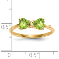 14K Yellow Gold Polished Peridot Bow Ring - 2 Heart-Shaped Peridots - 10mm Length by Oro Pregiato