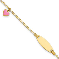 14K Yellow Gold Polished Pink Enamel Heart with 18x5mm Plate 5.5" Baby/Child ID Bracelet - Personalizable by Oro Pregiato