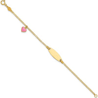 14K Yellow Gold Polished Pink Enamel Heart with 18x5mm Plate 5.5" Baby/Child ID Bracelet - Personalizable by Oro Pregiato