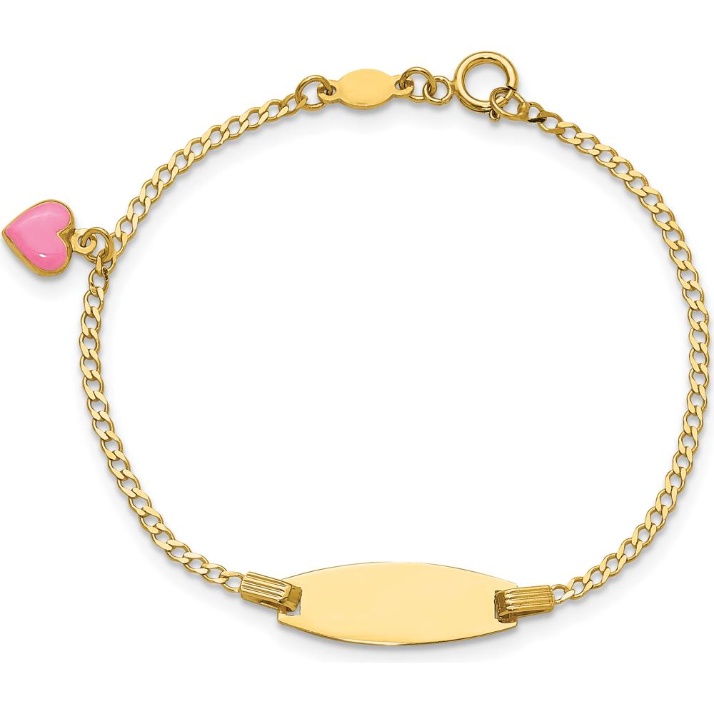 14K Yellow Gold Polished Pink Enamel Heart with 18x5mm Plate 5.5" Baby/Child ID Bracelet - Personalizable by Oro Pregiato