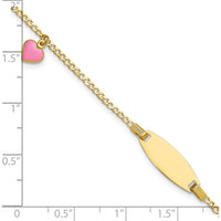 14K Yellow Gold Polished Pink Enamel Heart with 18x5mm Plate 5.5" Baby/Child ID Bracelet - Personalizable by Oro Pregiato
