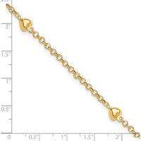 14K Yellow Gold Polished Puffed Heart 3-Station Anklet - 10" Length