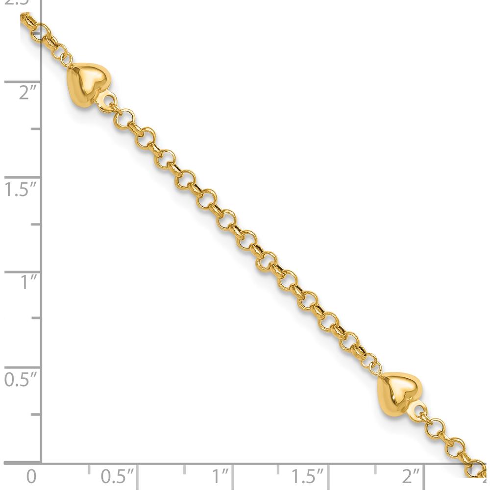 14K Yellow Gold Polished Puffed Heart 3-Station Anklet - 10" Length