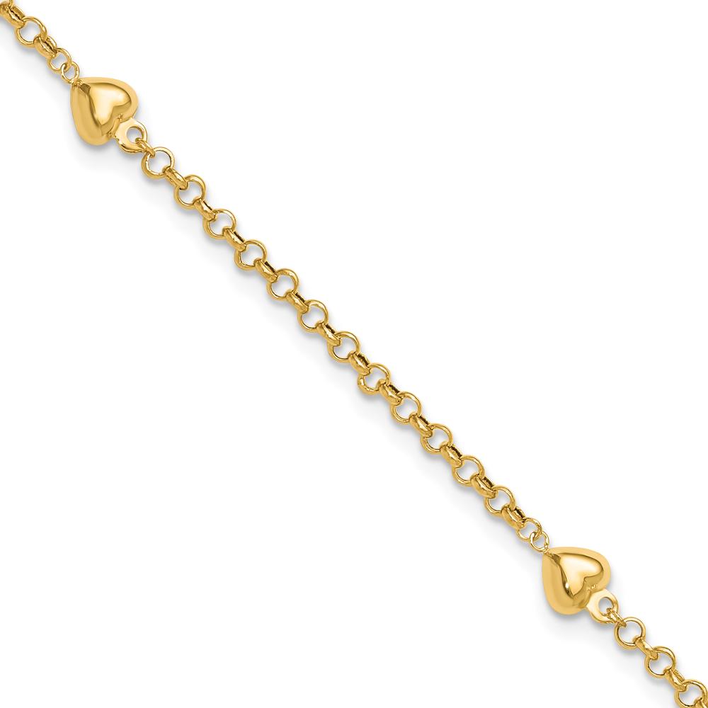 14K Yellow Gold Polished Puffed Heart 3-Station Anklet - 9" with Rolo Chain