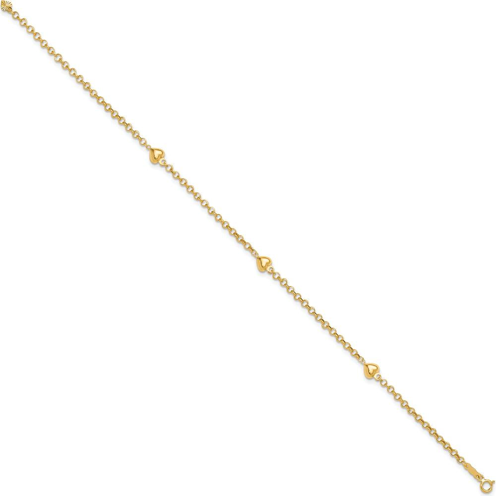 14K Yellow Gold Polished Puffed Heart 3-Station Anklet - 9" with Rolo Chain