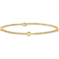 14K Yellow Gold Polished Puffed Heart 3-Station Anklet - 9" with Rolo Chain