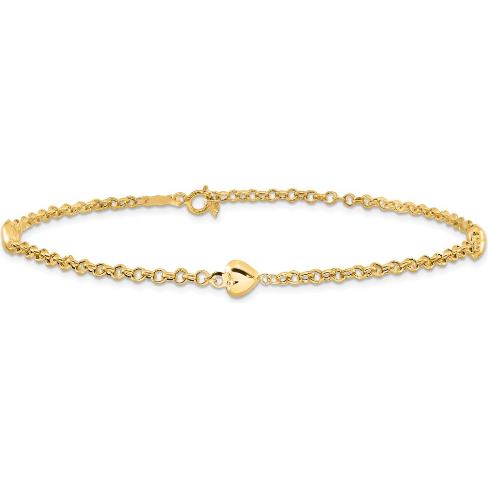 14K Yellow Gold Polished Puffed Heart 3-Station Anklet - 9" with Rolo Chain