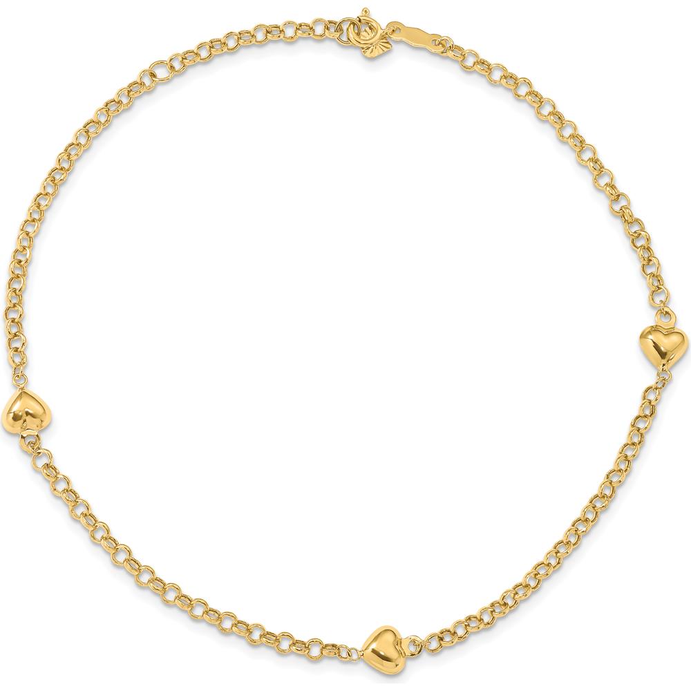 14K Yellow Gold Polished Puffed Heart 3-Station Anklet - 9" with Rolo Chain