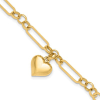14K Yellow Gold Polished Puffed Heart Charm Dangle Figaro Link 7.5" Bracelet by Oro Pregiato