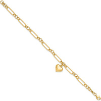 14K Yellow Gold Polished Puffed Heart Charm Dangle Figaro Link 7.5" Bracelet by Oro Pregiato
