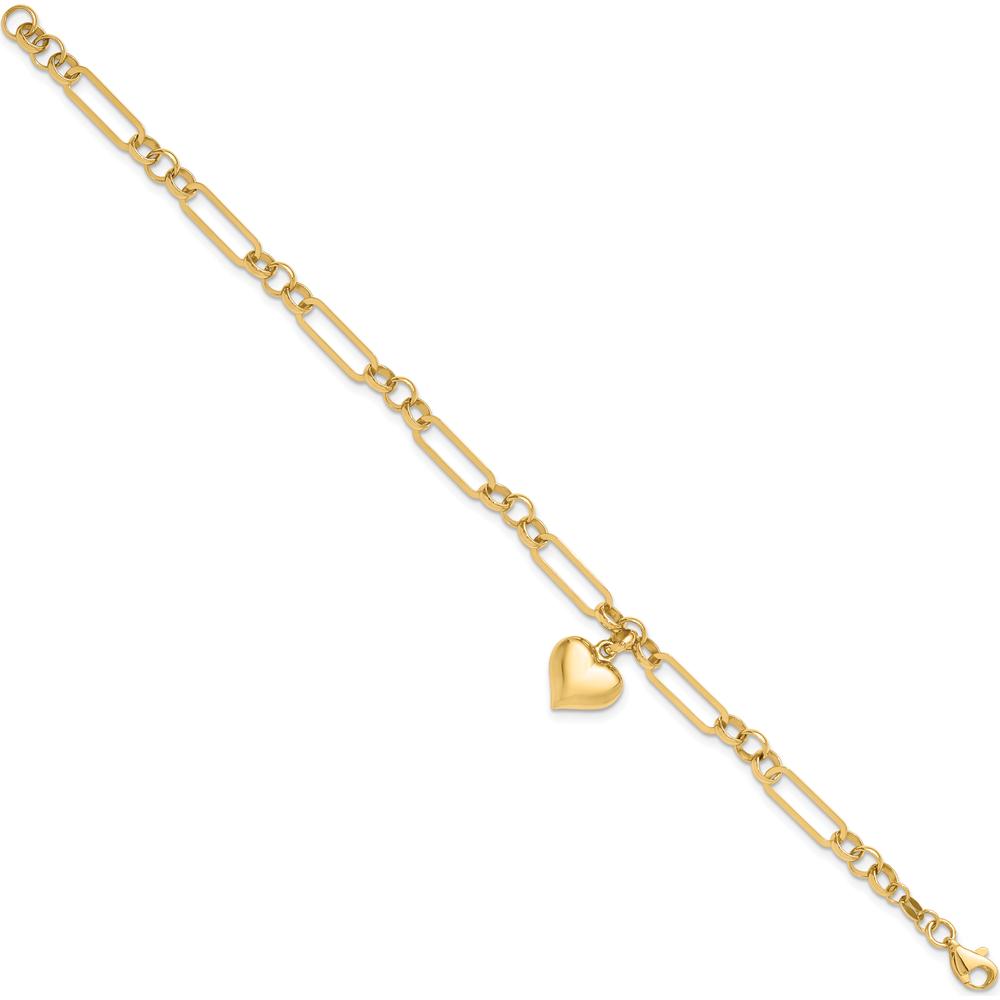 14K Yellow Gold Polished Puffed Heart Charm Dangle Figaro Link 7.5" Bracelet by Oro Pregiato