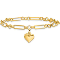 14K Yellow Gold Polished Puffed Heart Charm Dangle Figaro Link 7.5" Bracelet by Oro Pregiato