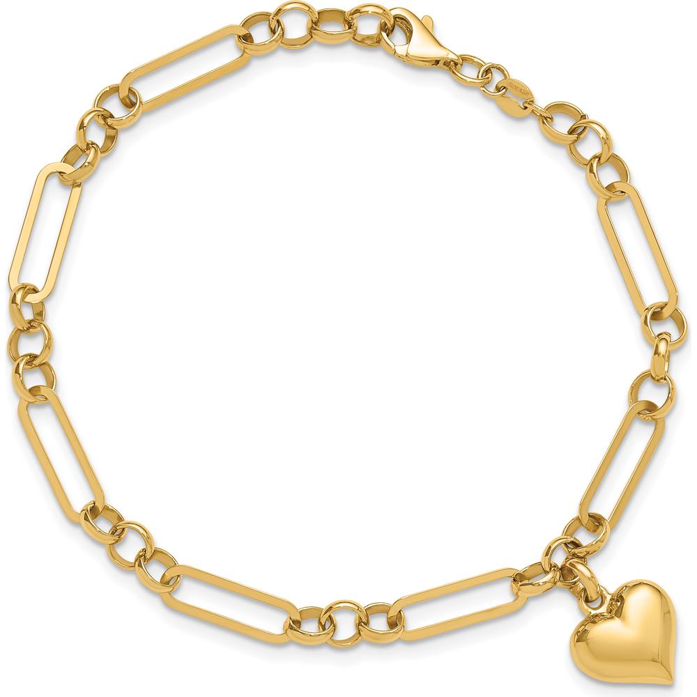 14K Yellow Gold Polished Puffed Heart Charm Dangle Figaro Link 7.5" Bracelet by Oro Pregiato