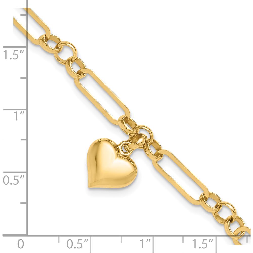 14K Yellow Gold Polished Puffed Heart Charm Dangle Figaro Link 7.5" Bracelet by Oro Pregiato