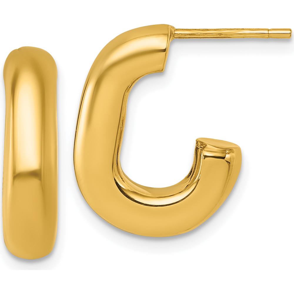 14K Yellow Gold Polished Puffed Oval J-Hoop Post Earrings - 19.2mm Length by 0