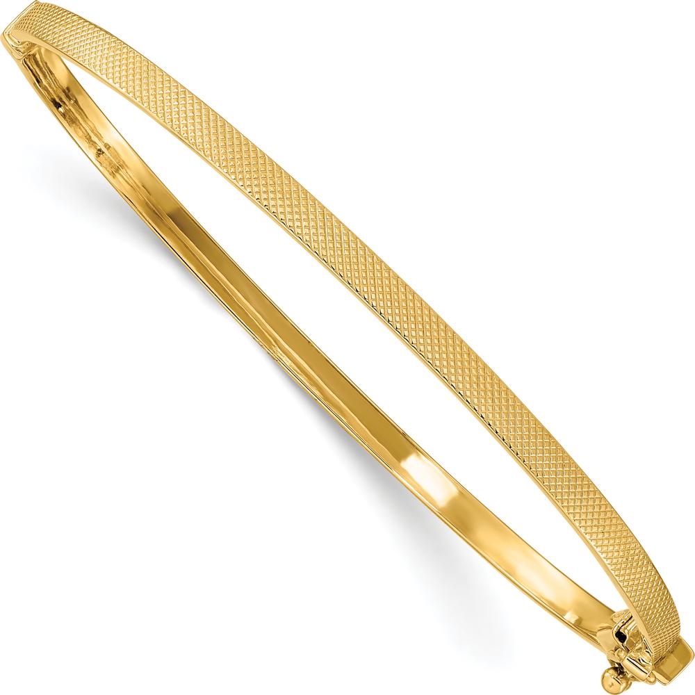 14K Yellow Gold Polished Quilted Texture 3.00mm Hinged Oval Bangle Bracelet by Oro Pregiato