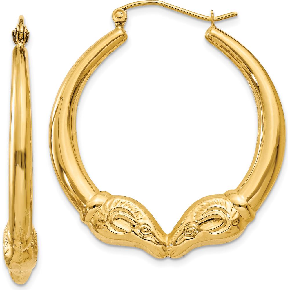 14K Yellow Gold Polished Ram Hoop Earrings - 35.07mm Length, 32.3mm Width by 0
