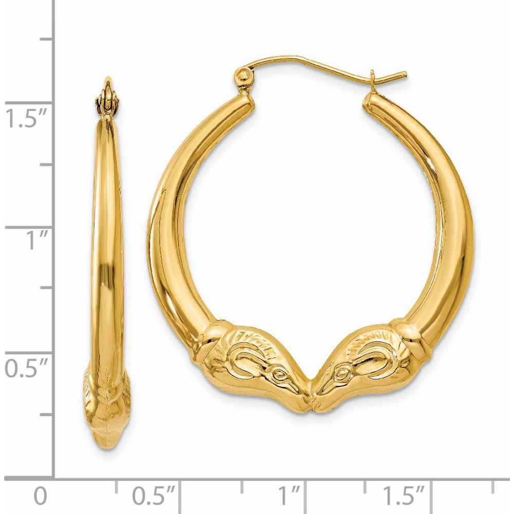 14K Yellow Gold Polished Ram Hoop Earrings - 35.07mm Length, 32.3mm Width by 0