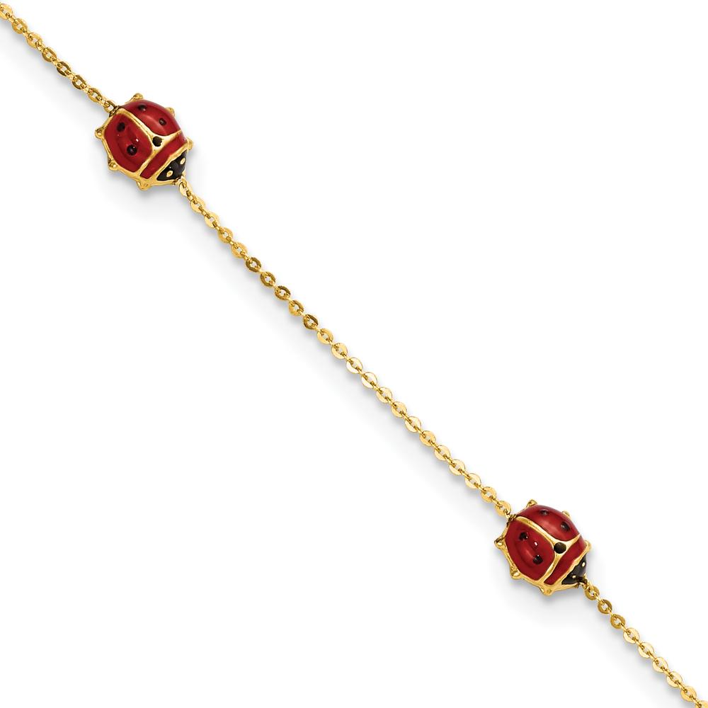 14K Yellow Gold Polished Red and Black Enameled Ladybug Bracelet for Children - 6.5" with 0.75" Extender by Oro Pregiato