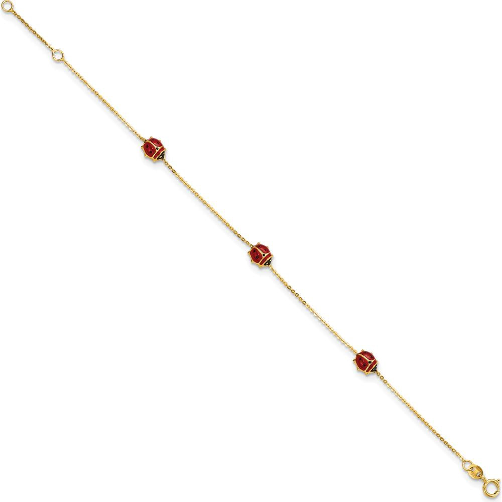 14K Yellow Gold Polished Red and Black Enameled Ladybug Bracelet for Children - 6.5" with 0.75" Extender by Oro Pregiato