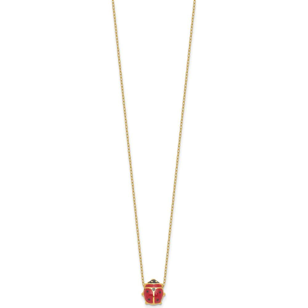 14K Yellow Gold Polished Red and Black Enameled Ladybug Pendant Necklace with 1" Extender by Oro Pregiato