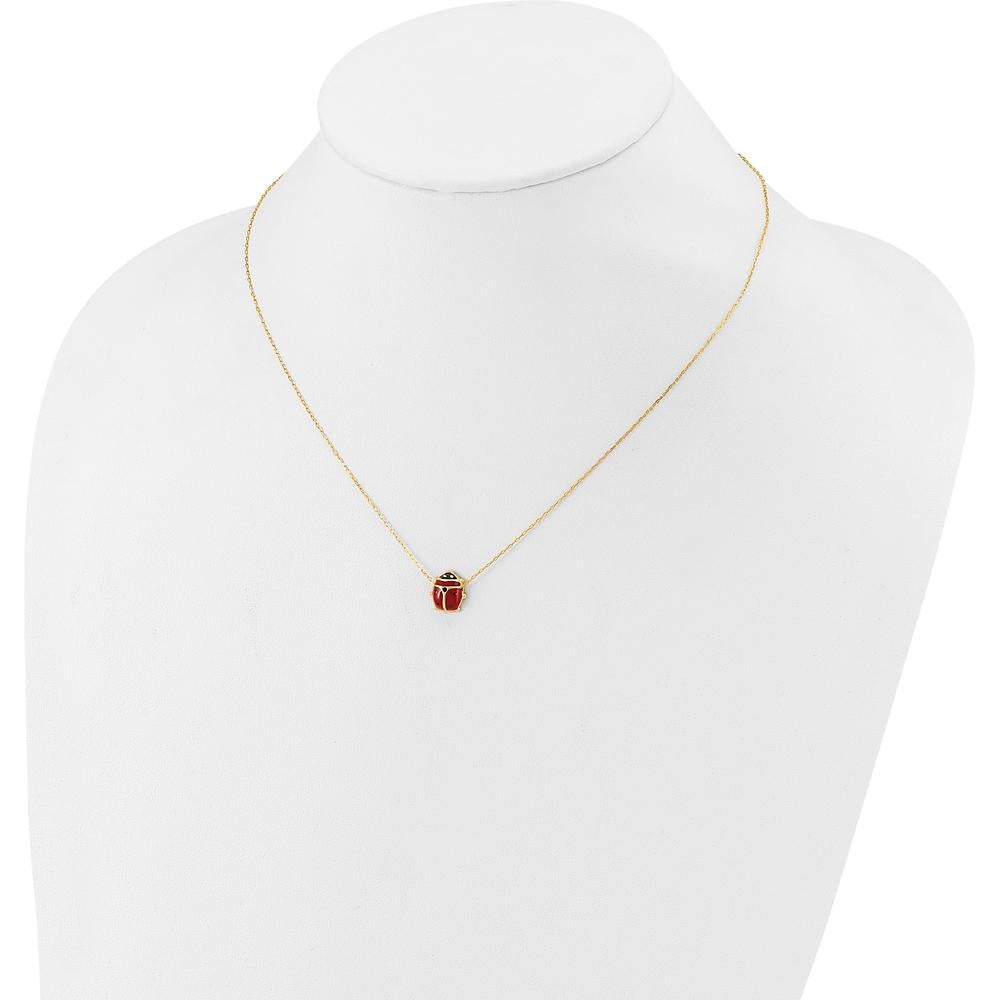 14K Yellow Gold Polished Red and Black Enameled Ladybug Pendant Necklace with 1" Extender by Oro Pregiato