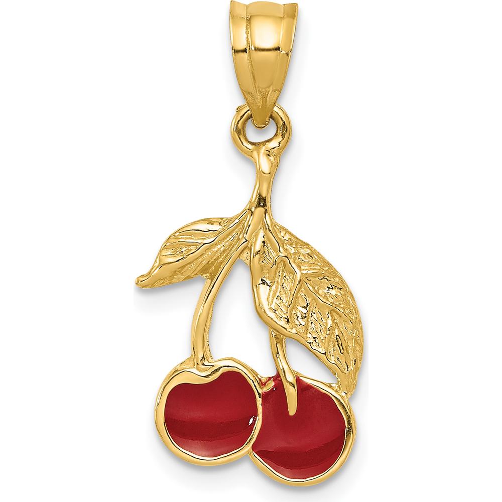 14K Yellow Gold Polished Red Enamel Cherries Pendant - 26mm Length by Oro Pregiato