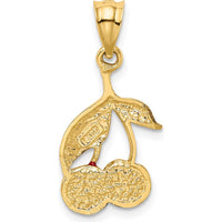 14K Yellow Gold Polished Red Enamel Cherries Pendant - 26mm Length by Oro Pregiato