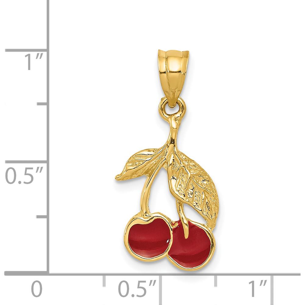 14K Yellow Gold Polished Red Enamel Cherries Pendant - 26mm Length by Oro Pregiato