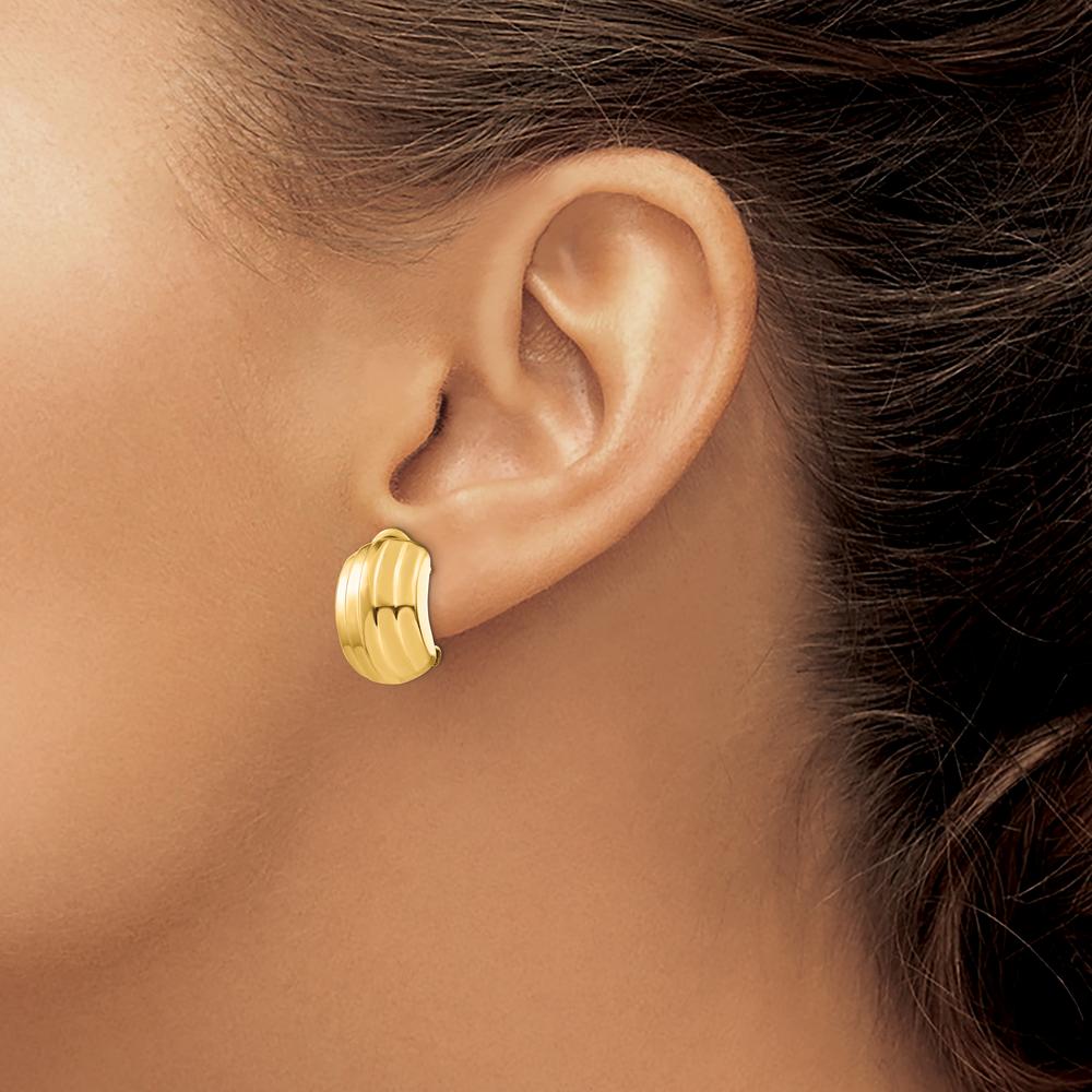 14K Yellow Gold Polished Ribbed Button Omega Back Post Earrings - Elegant Design by 0