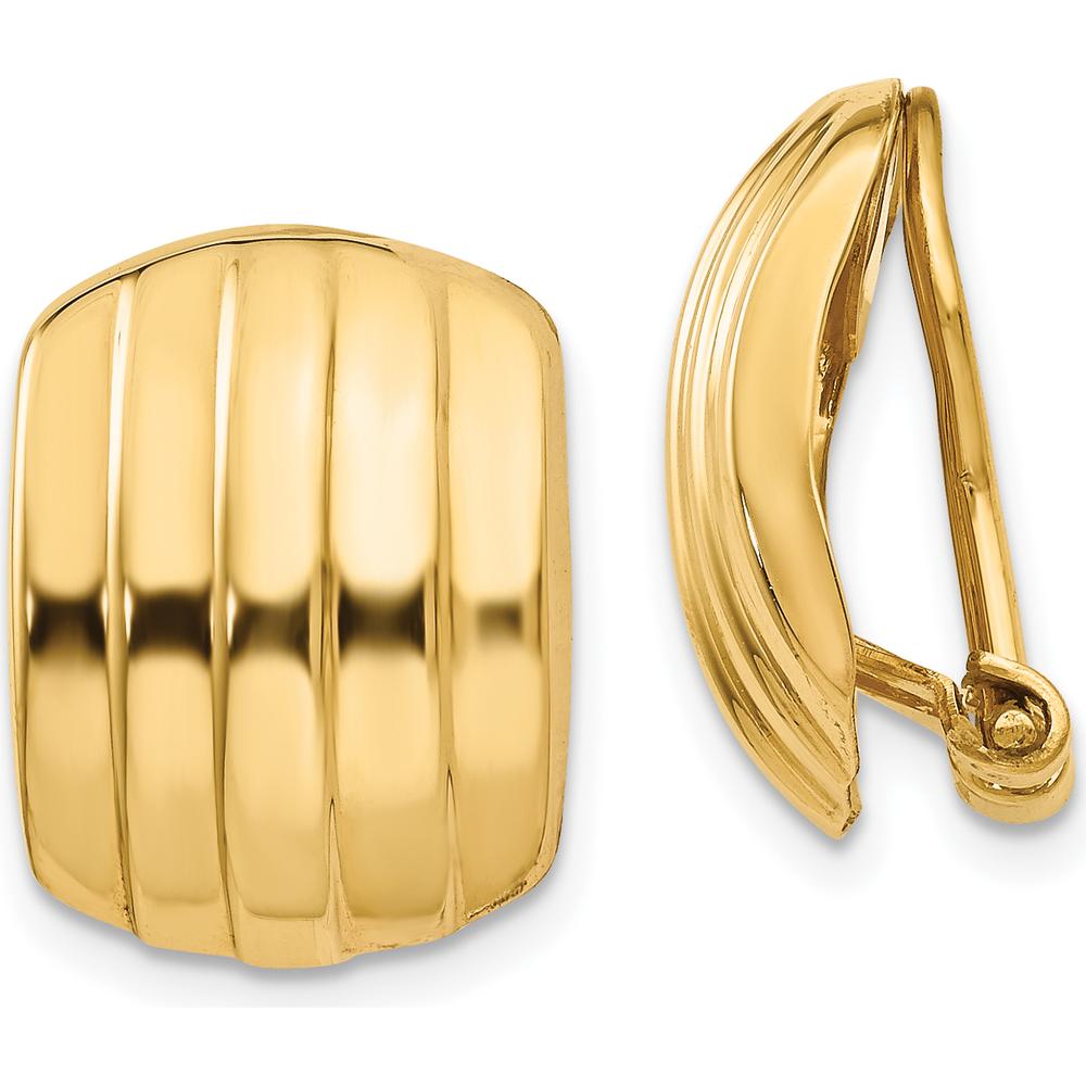 14K Yellow Gold Polished Ribbed Non-Pierced Omega Back Button Earrings - 17mm Length by Oro Pregiato