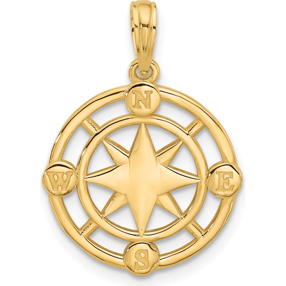 14K Yellow Gold Polished Round Compass Charm Pendant - 25mm Length by Oro Pregiato