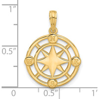 14K Yellow Gold Polished Round Compass Charm Pendant - 25mm Length by Oro Pregiato