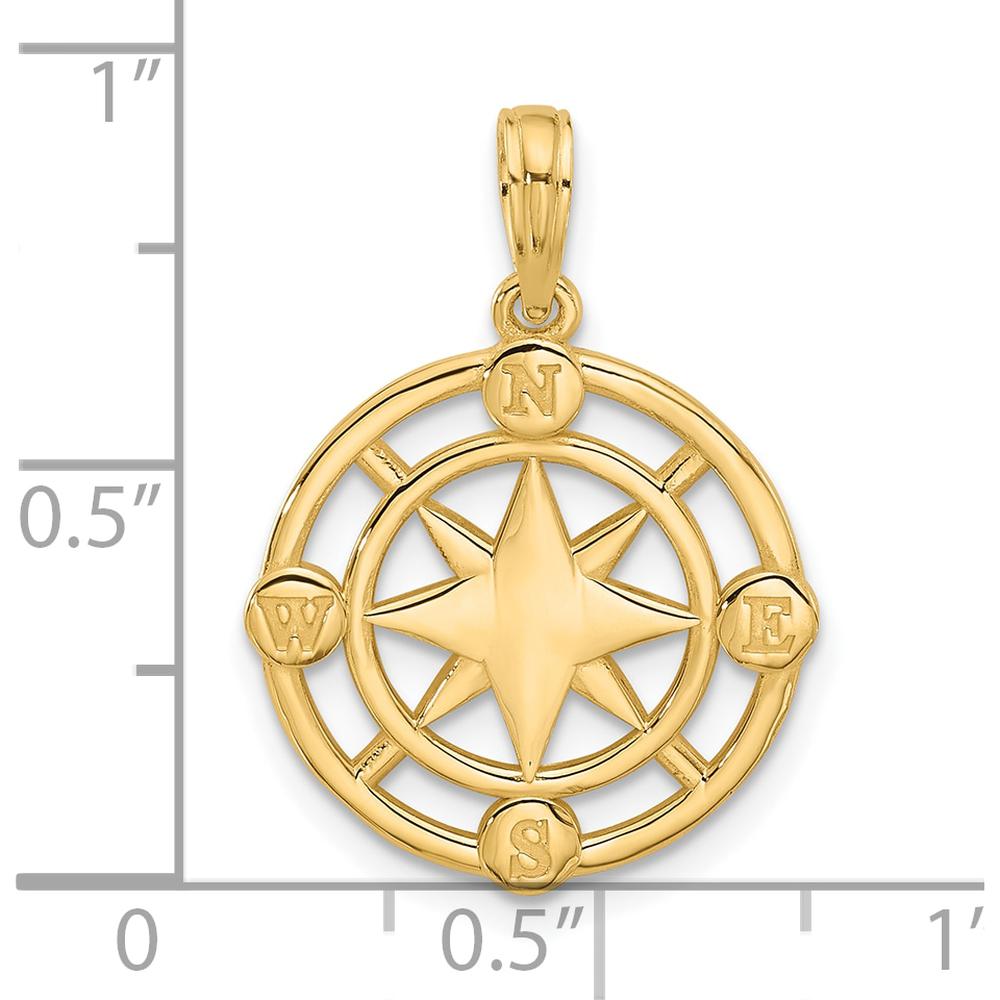 14K Yellow Gold Polished Round Compass Charm Pendant - 25mm Length by Oro Pregiato