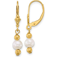 14K Yellow Gold Polished Round Freshwater Cultured Pearl Dangle Leverback Earrings - 5-6mm Pearls by Monteluci Fine Jewelry