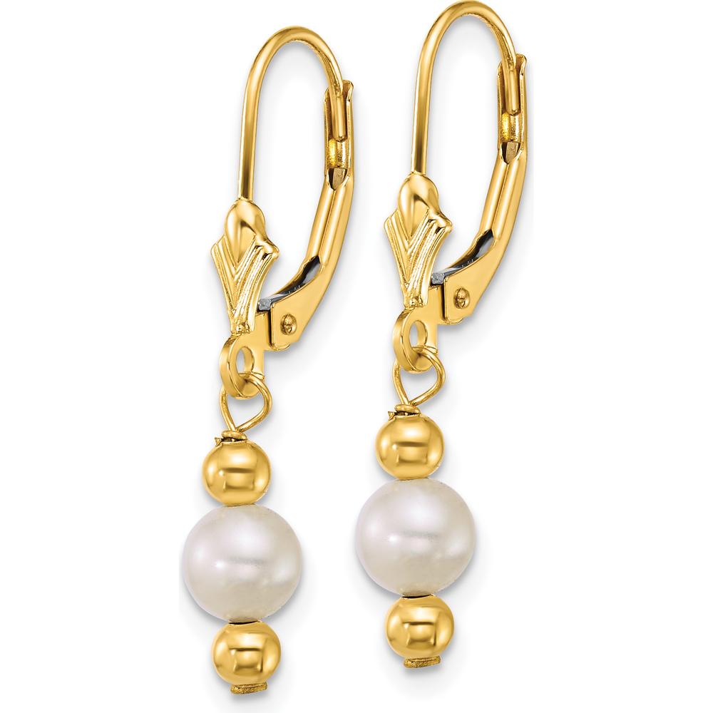 14K Yellow Gold Polished Round Freshwater Cultured Pearl Dangle Leverback Earrings - 5-6mm Pearls by Monteluci Fine Jewelry